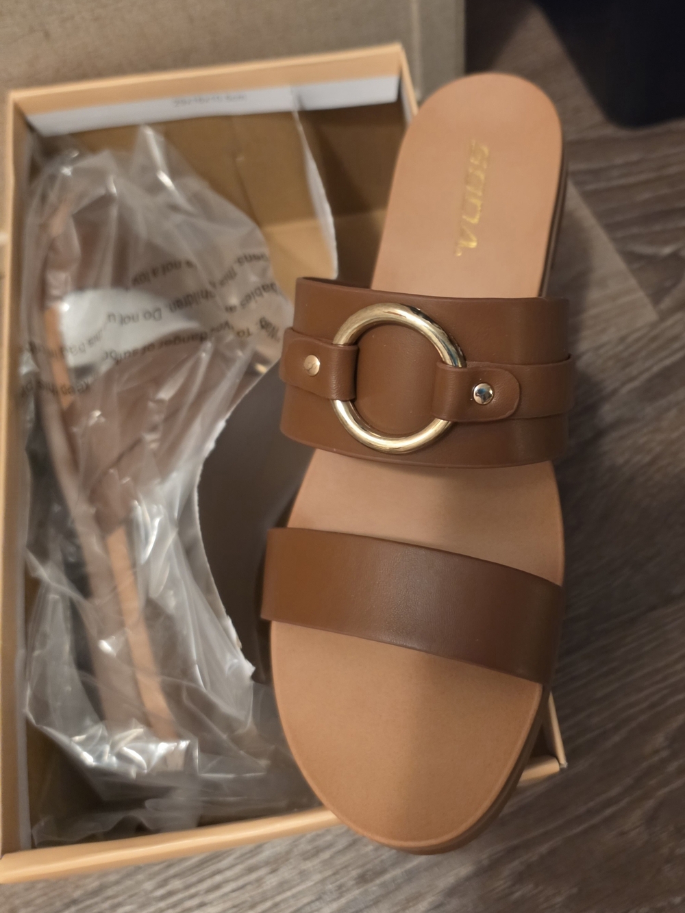 Women’s Soda Brown Slide Sandals with Gold Ring Accent